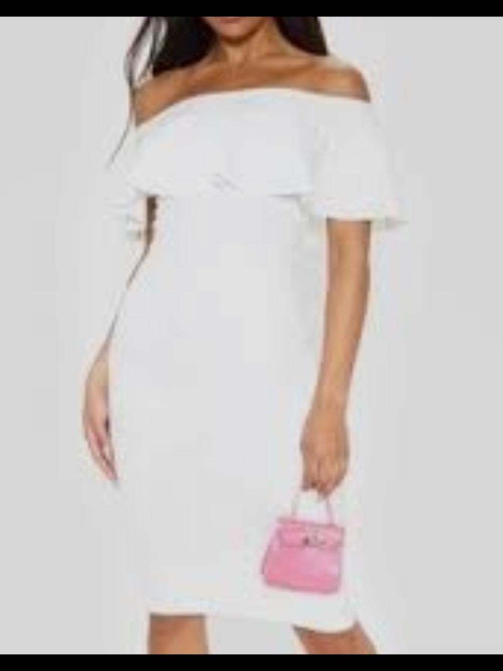 PrettyLittleThing White Scuba Off The Shoulers Ruffle Midi Dress